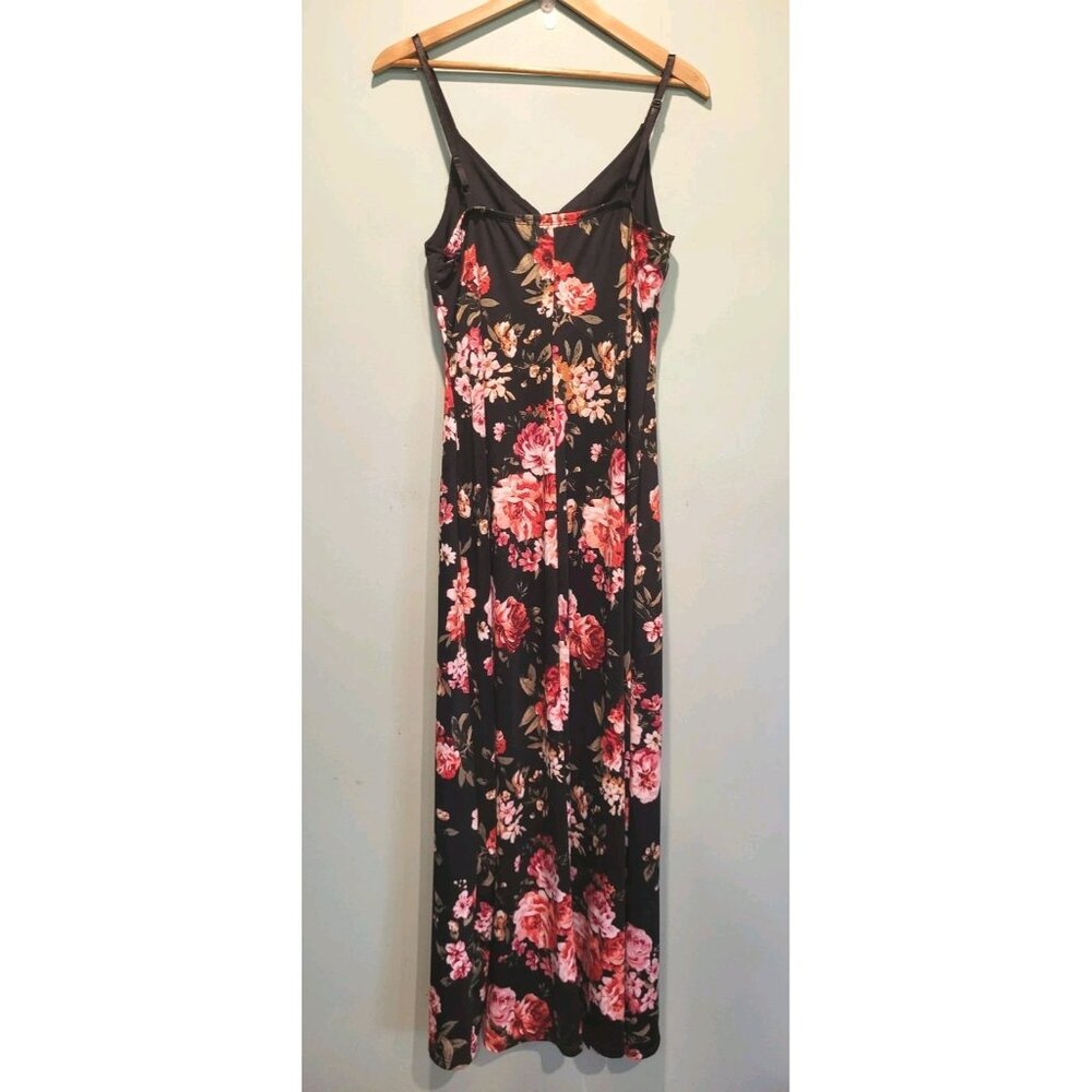 Black Pink Floral Front Slit Stretchy Sleeveless Maxi Dress Venus Sz L - Picture 5 of 8